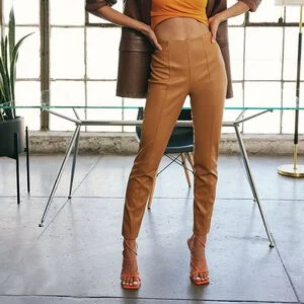 Faux Leather  Ankle Pants Med Coated Camel Brown Straight Skinny Stretch
